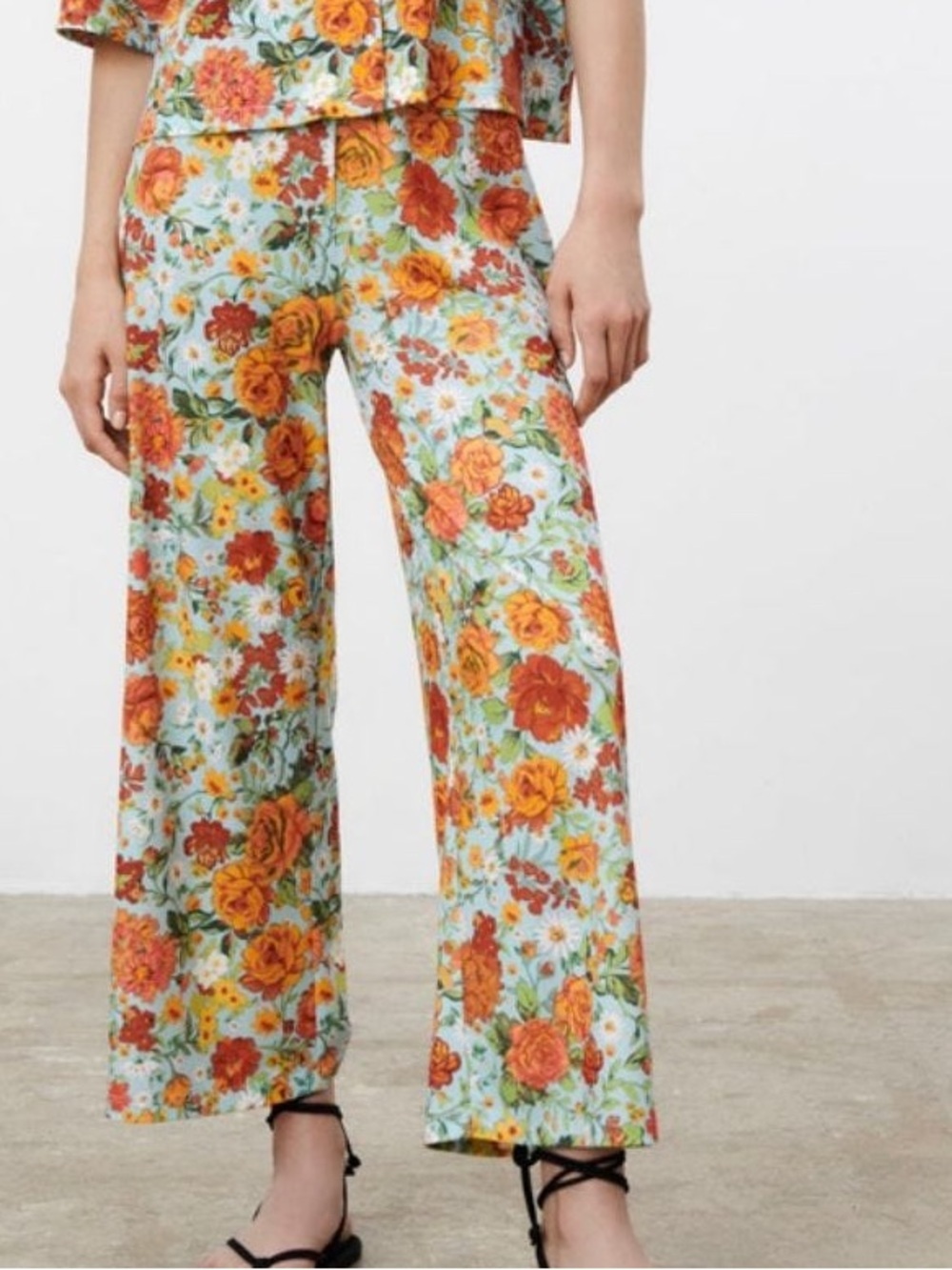 Zara| 70s Print Blue & Orange Floral Wide-Leg Palazzo Pants Sz S